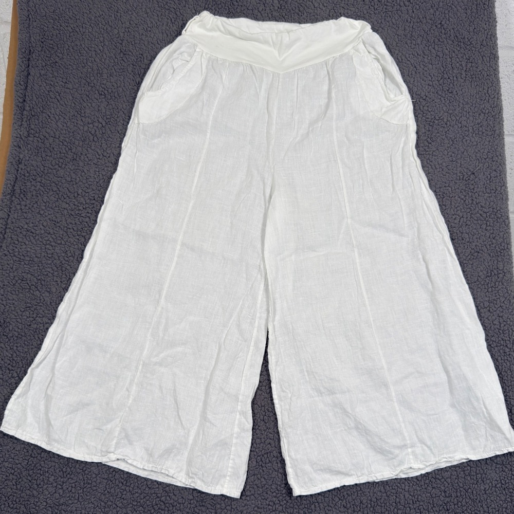 Made in Italy 100% Linen Wide Leg Pants White Relaxed Beach Trousers Pull On